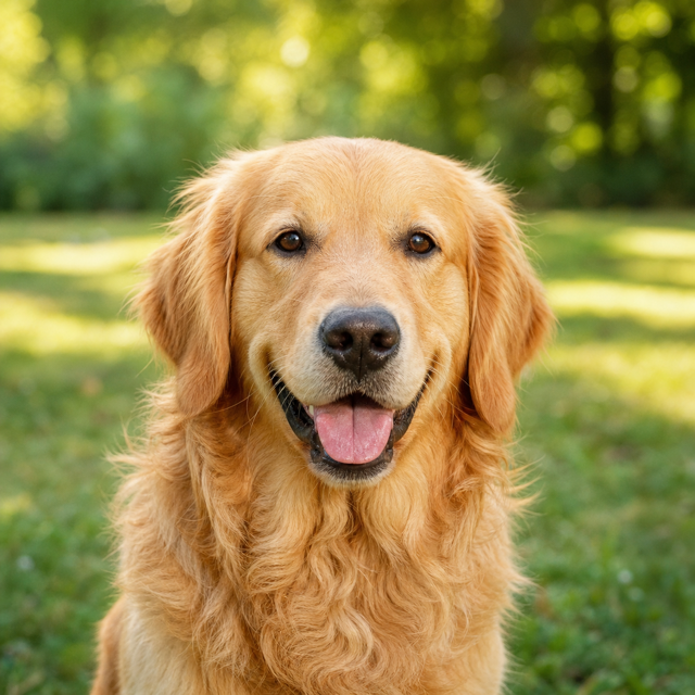 Fictional golden retriever named Luna sitting in a leafy park